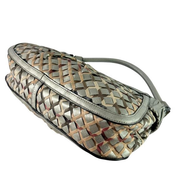 BURBERRY Silver Woven Leather and Nova Check Canvas Shoulder Bag Made in Italy - Picture 11 of 13